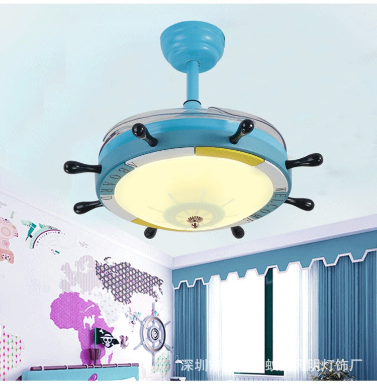 Creative Rudder Fan Light Children Bedroom Invisible Small Ceiling Fan with 3 Gear Dimming(36 inch S Sailing / Remote Control) by bashfashion