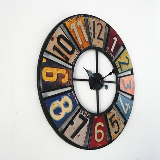 Digital Round Retro Wall Clock Creative License Plate Wrought Iron Decorative Clock(Colorful) by bashfashion