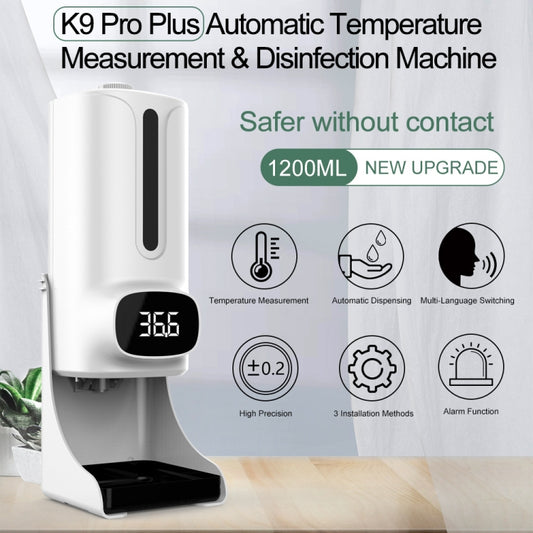K9 Pro Plus Handsfree Non-contact Body Thermometer + 1000ml Automatic Non-contact Liquid Soap Dispenser with Base Mount, 15 Languages Voice Broadcast by bashfashion