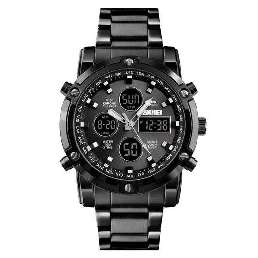 SKMEI 1389 Multifunctional Men Business Digital Watch 30m Waterproof Large Dial Wrist Watch with Stainless Steel Watchband (Black) by SKMEI