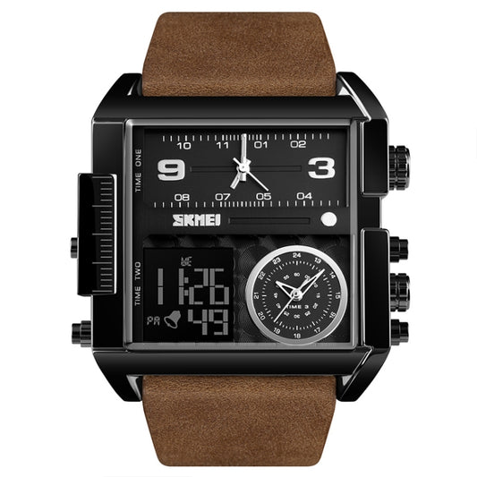 SKMEI 1391 Multifunctional Men Business Digital Watch 30m Waterproof Square Dial Wrist Watch with Leather Watchband(Black+Coffee) by SKMEI