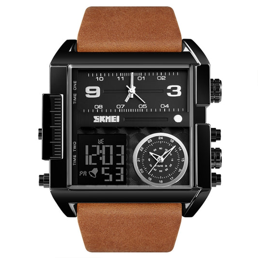 SKMEI 1391 Multifunctional Men Business Digital Watch 30m Waterproof Square Dial Wrist Watch with Leather Watchband(Black Brown) by SKMEI