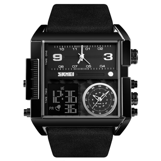 SKMEI 1391 Multifunctional Men Business Digital Watch 30m Waterproof Square Dial Wrist Watch with Leather Watchband(Black) by SKMEI