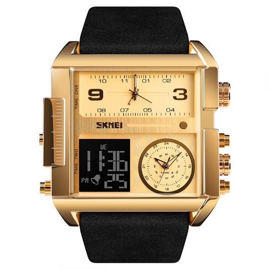 SKMEI 1391 Multifunctional Men Business Digital Watch 30m Waterproof Square Dial Wrist Watch with Leather Watchband(Gold Black) by SKMEI
