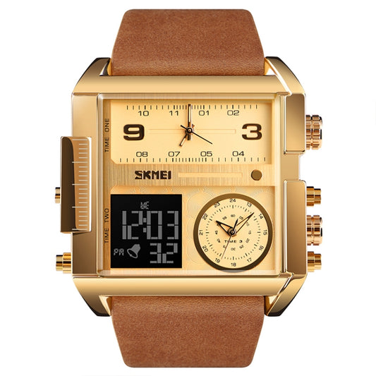SKMEI 1391 Multifunctional Men Business Digital Watch 30m Waterproof Square Dial Wrist Watch with Leather Watchband(Gold) by SKMEI