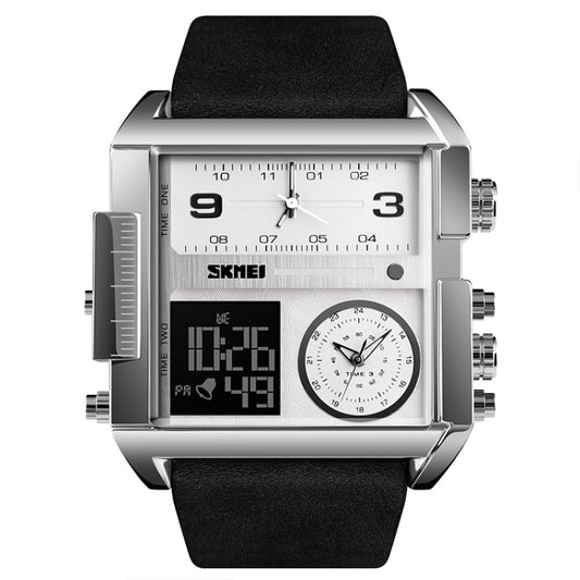 SKMEI 1391 Multifunctional Men Business Digital Watch 30m Waterproof Square Dial Wrist Watch with Leather Watchband(Silver+Black) by SKMEI