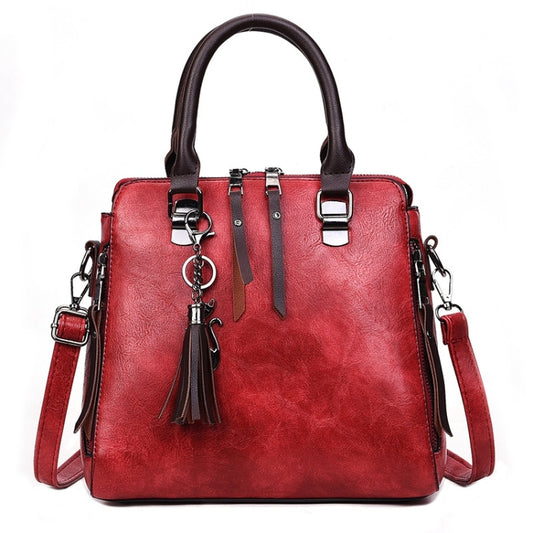 Casual PU Shoulder Bag Ladies Handbag Messenger Bag with Tassel and Cat Pendant (Red) by bashfashion