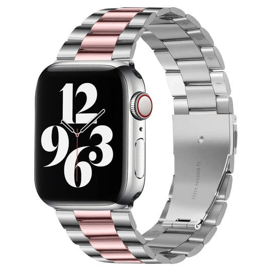 For Apple Watch Series 10 42mm / 9&8&7 41mm / SE 3&SE 2&6&SE&5&4 40mm / 3&2&1 38mm Fold Buckle 3 Beads Stainless Steel Watch Band (Silver Pink) by bashfashion