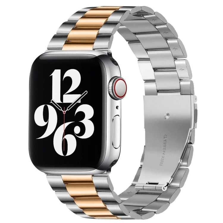 For Apple Watch Series 10 42mm / 9&8&7 41mm / SE 3&SE 2&6&SE&5&4 40mm / 3&2&1 38mm Fold Buckle 3 Beads Stainless Steel Watch Band (Silver+Rose Gold) by bashfashion