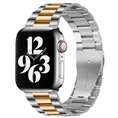For Apple Watch Series 10 42mm / 9&8&7 41mm / SE 3&SE 2&6&SE&5&4 40mm / 3&2&1 38mm Fold Buckle 3 Beads Stainless Steel Watch Band (Silver+Rose Gold) by bashfashion