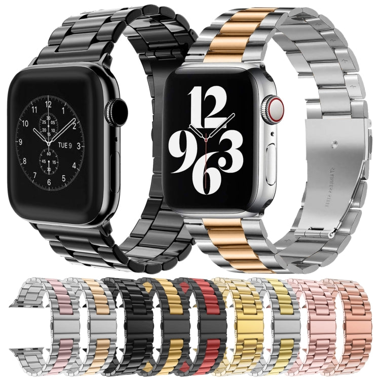For Apple Watch Series 10 42mm / 9&8&7 41mm / SE 3&SE 2&6&SE&5&4 40mm / 3&2&1 38mm Fold Buckle 3 Beads Stainless Steel Watch Band (Black Gold) by bashfashion