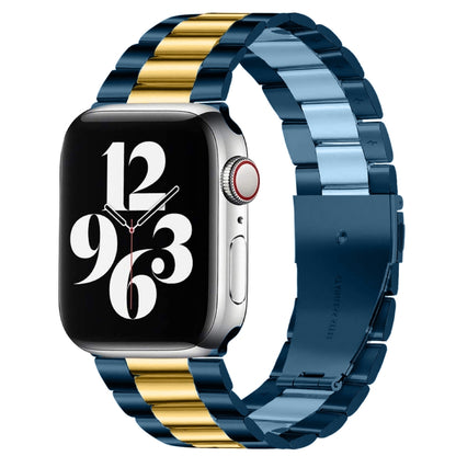 Fold Buckle 3 Beads Stainless Steel Watch Band For Apple Watch Ultra 49mm&Watch Ultra 2 49mm / Series 10 46mm / 9&8&7 45mm / SE 3&SE 2&6&SE&5&4 44mm / 3&2&1 42mm(Blue Gold) by bashfashion