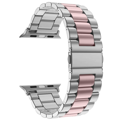 Fold Buckle 3 Beads Stainless Steel Watch Band For Apple Watch Ultra 49mm&Watch Ultra 2 49mm / Series 10 46mm / 9&8&7 45mm / SE 3&SE 2&6&SE&5&4 44mm / 3&2&1 42mm(Silver Pink) by bashfashion