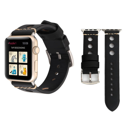 For Apple Watch Series 10 42mm / 9&8&7 41mm / SE 3&SE 2&6&SE&5&4 40mm / 3&2&1 38mm Retro Hole Genuine Leather Wrist Watch Band(Black) by bashfashion