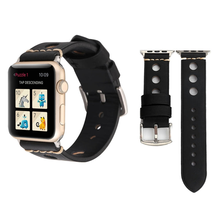 For Apple Watch Series 7 45mm / 6 & SE & 5 & 4 44mm / 42mm 3 & 2 & 1 Retro Hole Genuine Leather Wrist Watch Band(Black) by bashfashion