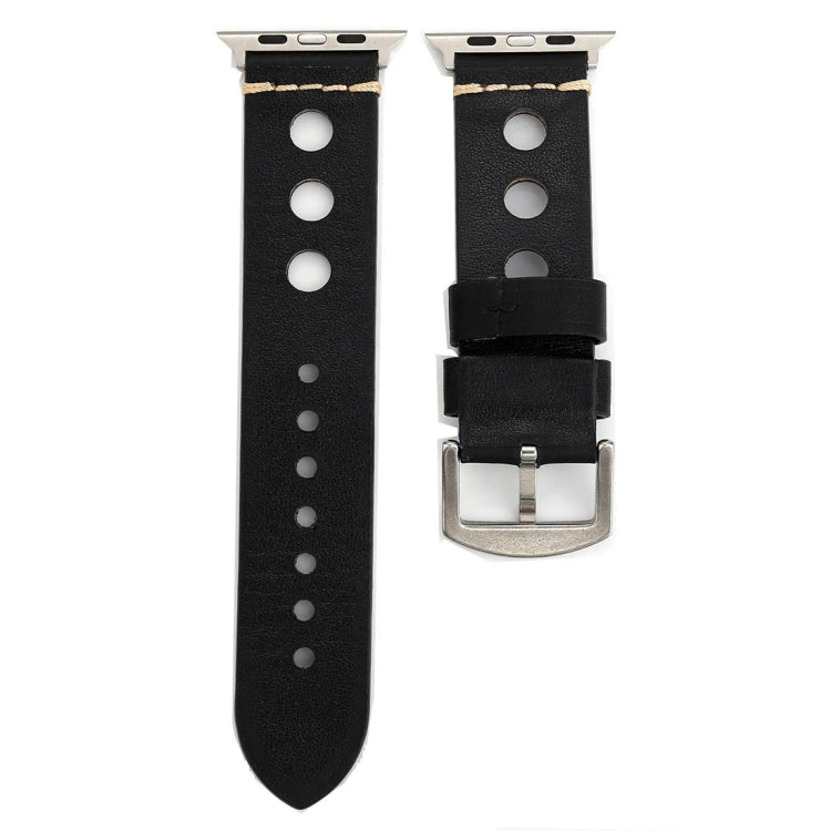 For Apple Watch Series 7 45mm / 6 & SE & 5 & 4 44mm / 42mm 3 & 2 & 1 Retro Hole Genuine Leather Wrist Watch Band(Black) by bashfashion