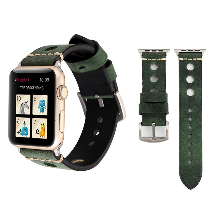 For Apple Watch Series 7 45mm / 6 & SE & 5 & 4 44mm / 42mm 3 & 2 & 1 Retro Hole Genuine Leather Wrist Watch Band(Green) by bashfashion