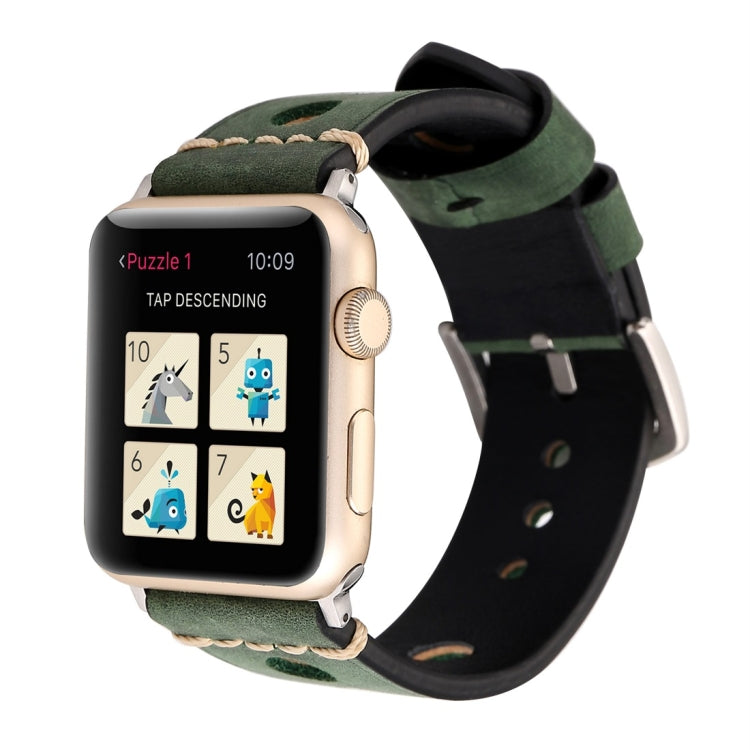 For Apple Watch Series 7 45mm / 6 & SE & 5 & 4 44mm / 42mm 3 & 2 & 1 Retro Hole Genuine Leather Wrist Watch Band(Green) by bashfashion