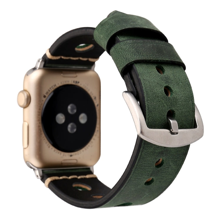 For Apple Watch Series 7 45mm / 6 & SE & 5 & 4 44mm / 42mm 3 & 2 & 1 Retro Hole Genuine Leather Wrist Watch Band(Green) by bashfashion
