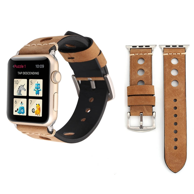 For Apple Watch Series 7 45mm / 6 & SE & 5 & 4 44mm / 42mm 3 & 2 & 1 Retro Hole Genuine Leather Wrist Watch Band(Khaki) by bashfashion