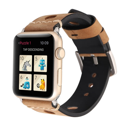 For Apple Watch Series 7 45mm / 6 & SE & 5 & 4 44mm / 42mm 3 & 2 & 1 Retro Hole Genuine Leather Wrist Watch Band(Khaki) by bashfashion