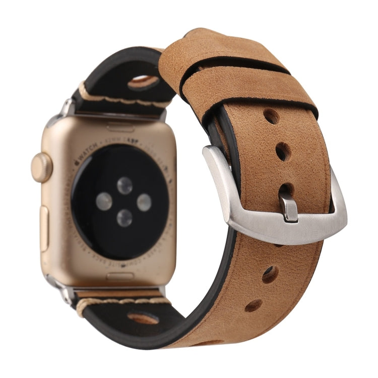 For Apple Watch Series 7 45mm / 6 & SE & 5 & 4 44mm / 42mm 3 & 2 & 1 Retro Hole Genuine Leather Wrist Watch Band(Khaki) by bashfashion