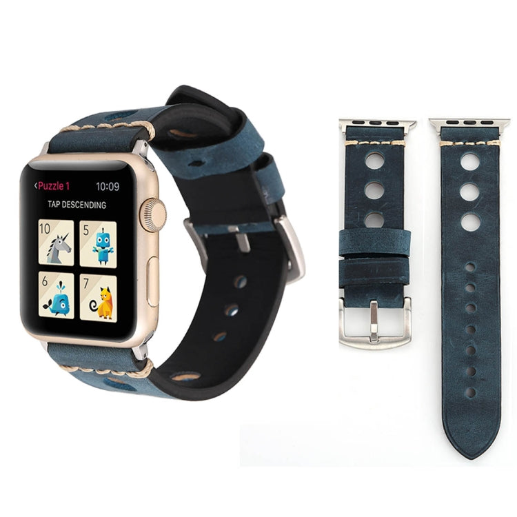 For Apple Watch Series 7 45mm / 6 & SE & 5 & 4 44mm / 42mm 3 & 2 & 1 Retro Hole Genuine Leather Wrist Watch Band(Blue) by bashfashion