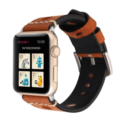 For Apple Watch Series 7 45mm / 6 & SE & 5 & 4 44mm / 42mm 3 & 2 & 1 Retro Hole Genuine Leather Wrist Watch Band by bashfashion