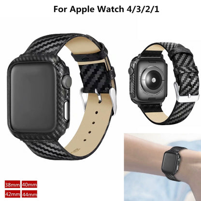 Genuine Leather Carbon Fiber Strap + Frame for Apple Watch Series 3 & 2 & 1 38mm by bashfashion