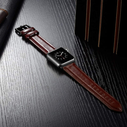 Black Buckle Leather Watch Band For Apple Watch Series 10 42mm / 9&8&7 41mm / SE 3&SE 2&6&SE&5&4 40mm / 3&2&1 38mm(Dark Brown) by bashfashion