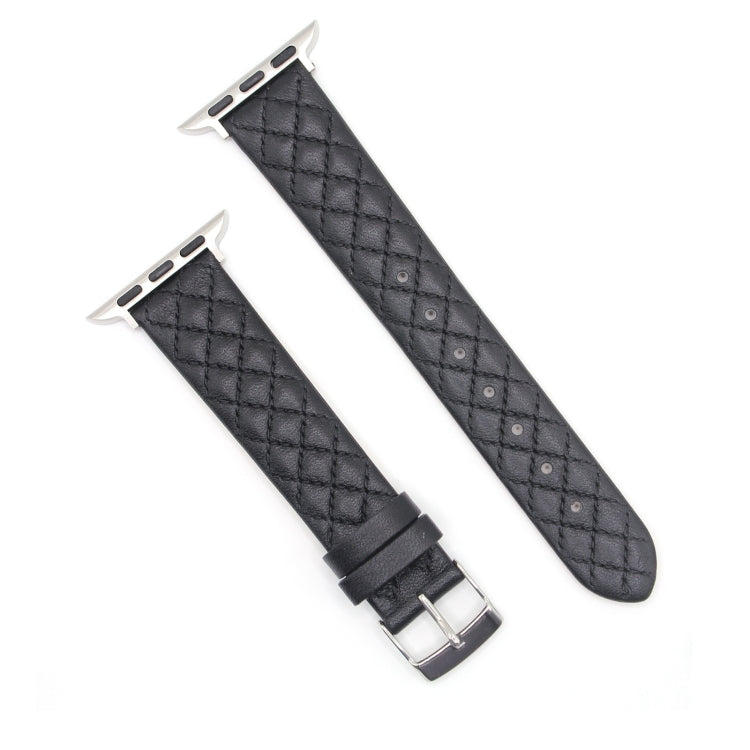 Rhombus Top Layer Cowhide Leather Watch Band For Apple Watch Ultra 49mm&Watch Ultra 2 49mm / Series 10 46mm / 9&8&7 45mm / SE 3&SE 2&6&SE&5&4 44mm / 3&2&1 42mm (Black) by bashfashion