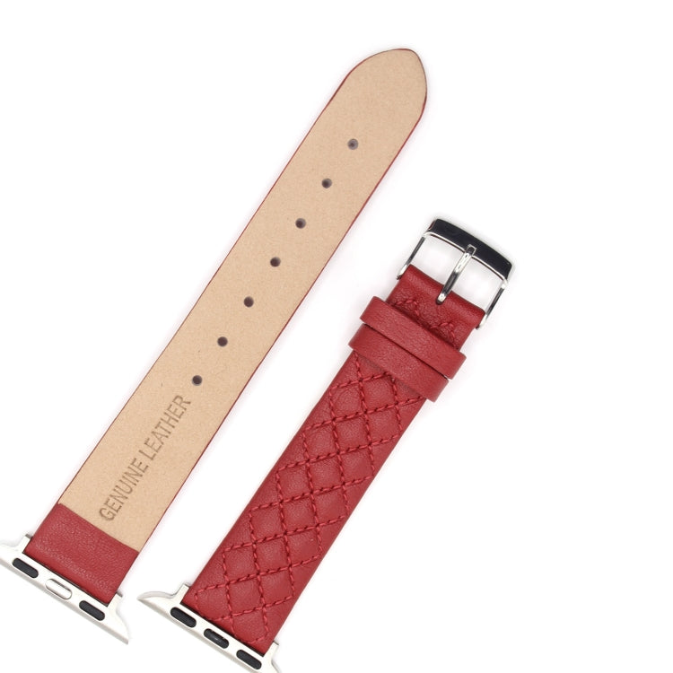 Rhombus Top Layer Cowhide Leather Watch Band For Apple Watch Ultra 49mm&Watch Ultra 2 49mm / Series 10 46mm / 9&8&7 45mm / SE 3&SE 2&6&SE&5&4 44mm / 3&2&1 42mm (Red) by bashfashion