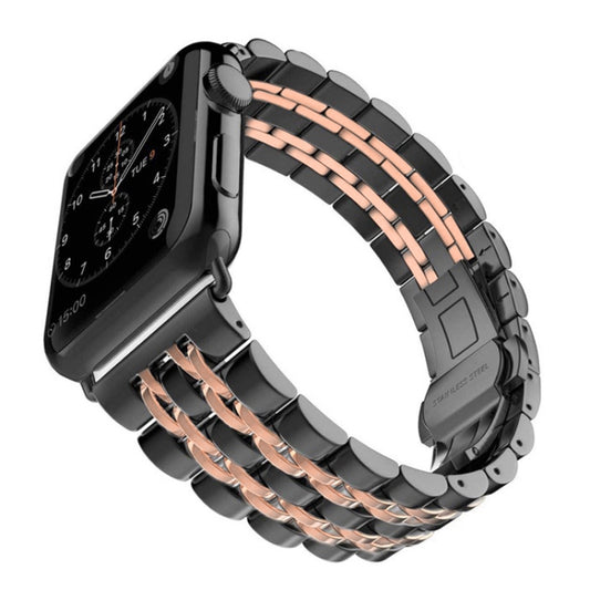 22mm Men Hidden Butterfly Buckle 7 Beads Stainless Steel Watch Band For Apple Watch 38mm(Black+Rose gold) by bashfashion