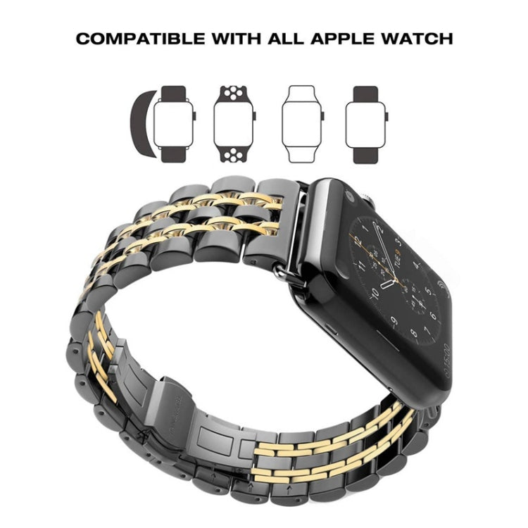 22mm Men Hidden Butterfly Buckle 7 Beads Stainless Steel Watch Band For Apple Watch 42mm(Black Gold) by bashfashion