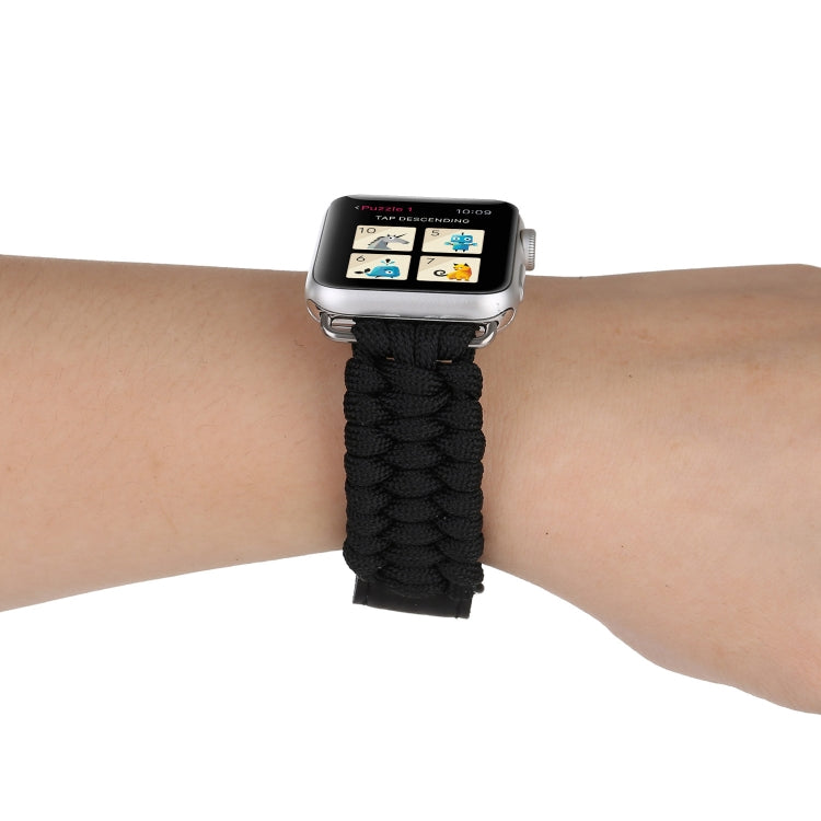 Magic Paste Genuine Leather Umbrella Rope Nylon Wrist Watch Band with and Stainless Steel Buckle for Apple Watch Series 10 42mm / 9&8&7 41mm / SE 3&SE 2&6&SE&5&4 40mm / 3&2&1 38mm(Black) by bashfashion