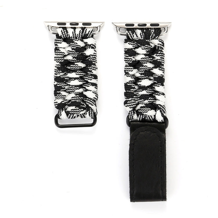 Magic Paste Genuine Leather Umbrella Rope Nylon Wrist Watch Band with Stainless Steel Buckle for Apple Watch Ultra 49mm&Watch Ultra 2 49mm / Series 10 46mm / 9&8&7 45mm / SE 3&SE 2&6&SE&5&4 44mm / 3&2&1 42mm(Black White) by bashfashion