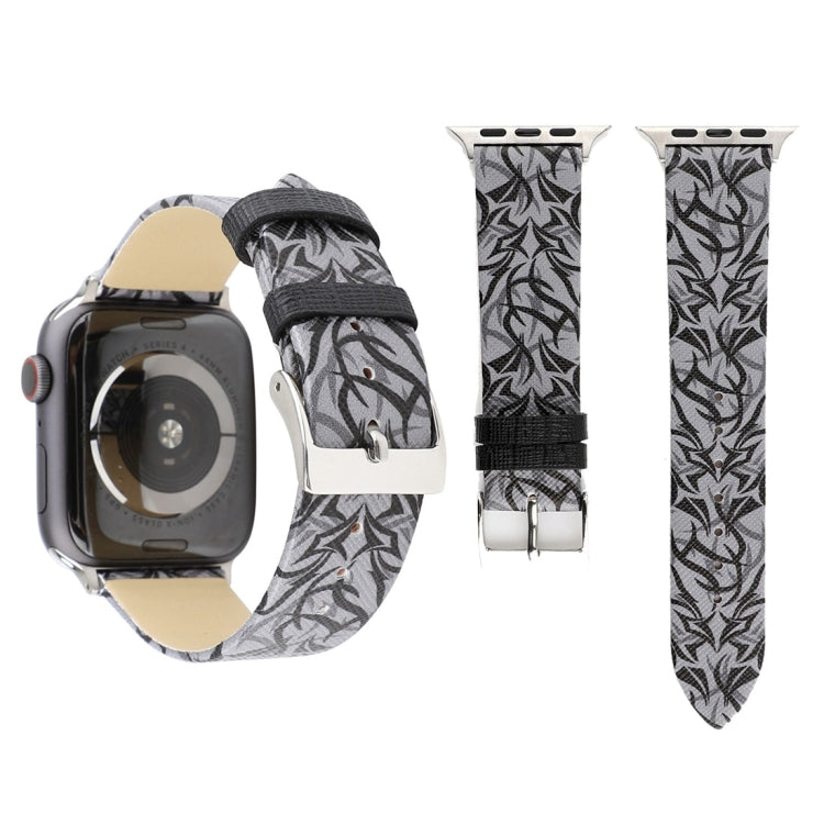 Thorns Printing Genuine Leather Watch Band for Apple Watch Series 10 42mm / 9&8&7 41mm / SE 3&SE 2&6&SE&5&4 40mm / 3&2&1 38mm(Black Grey) by bashfashion