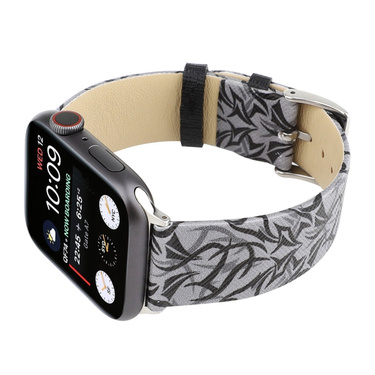 Thorns Printing Genuine Leather Watch Band for Apple Watch Series 10 42mm / 9&8&7 41mm / SE 3&SE 2&6&SE&5&4 40mm / 3&2&1 38mm(Black Grey) by bashfashion