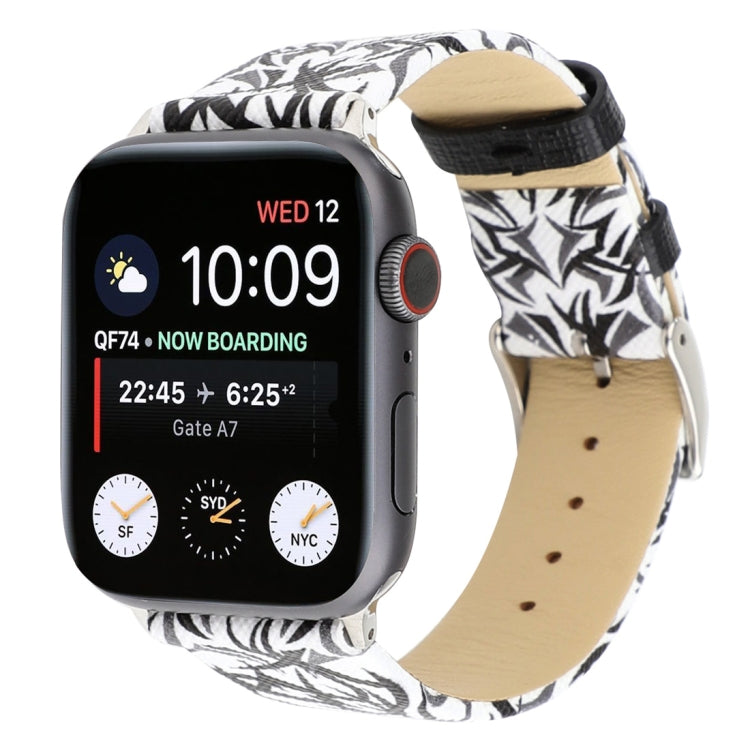 Thorns Printing Genuine Leather Watch Band for Apple Watch Series 10 42mm / 9&8&7 41mm / SE 3&SE 2&6&SE&5&4 40mm / 3&2&1 38mm(Black White) by bashfashion