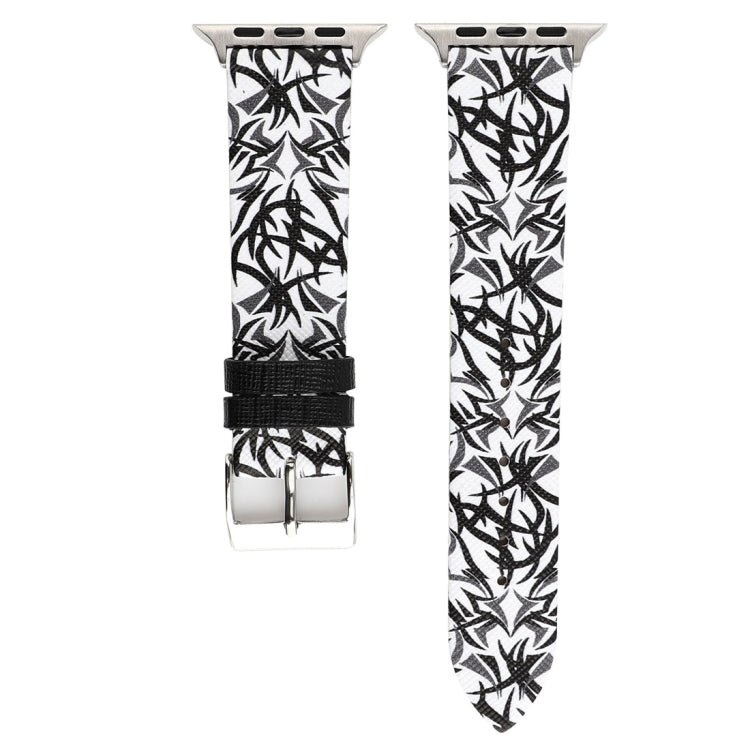 Thorns Printing Genuine Leather Watch Band for Apple Watch Series 10 42mm / 9&8&7 41mm / SE 3&SE 2&6&SE&5&4 40mm / 3&2&1 38mm(Black White) by bashfashion