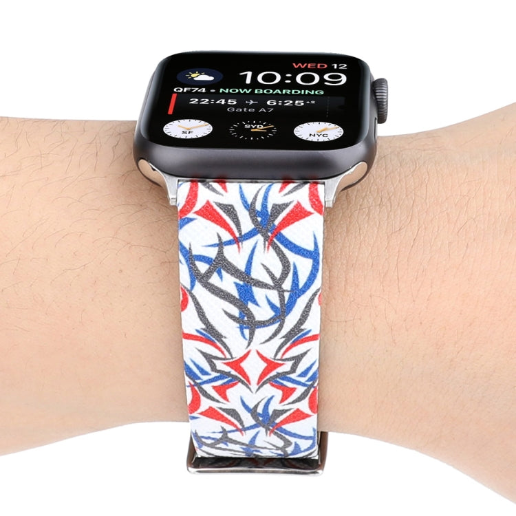 Thorns Printing Genuine Leather Watch Band for Apple Watch Series 10 42mm / 9&8&7 41mm / SE 3&SE 2&6&SE&5&4 40mm / 3&2&1 38mm(Blue + Red) by bashfashion