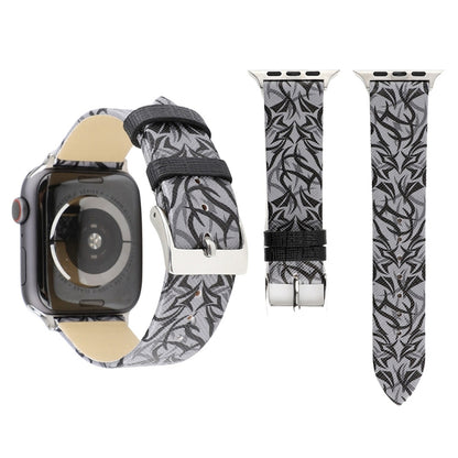 Thorns Printing Genuine Leather Watch Band for Apple Watch Series 7 45mm / 6 & SE & 5 & 4 44mm / 3 & 2 & 1 42mm(Black Grey) by bashfashion
