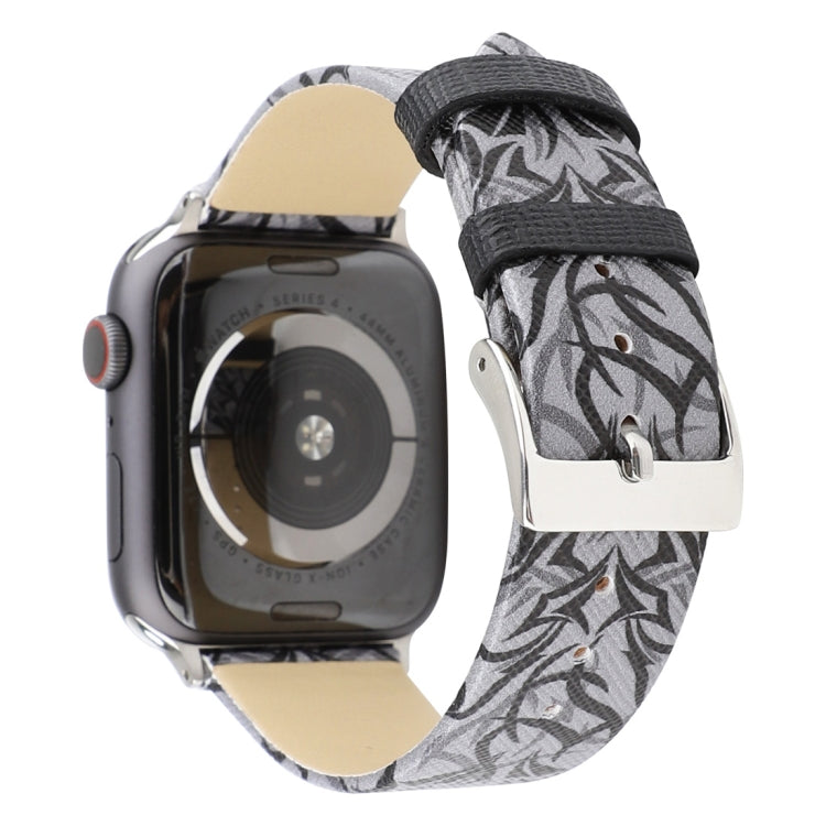 Thorns Printing Genuine Leather Watch Band for Apple Watch Series 7 45mm / 6 & SE & 5 & 4 44mm / 3 & 2 & 1 42mm(Black Grey) by bashfashion