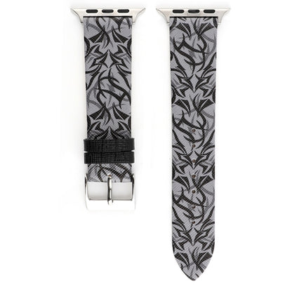 Thorns Printing Genuine Leather Watch Band for Apple Watch Series 7 45mm / 6 & SE & 5 & 4 44mm / 3 & 2 & 1 42mm(Black Grey) by bashfashion