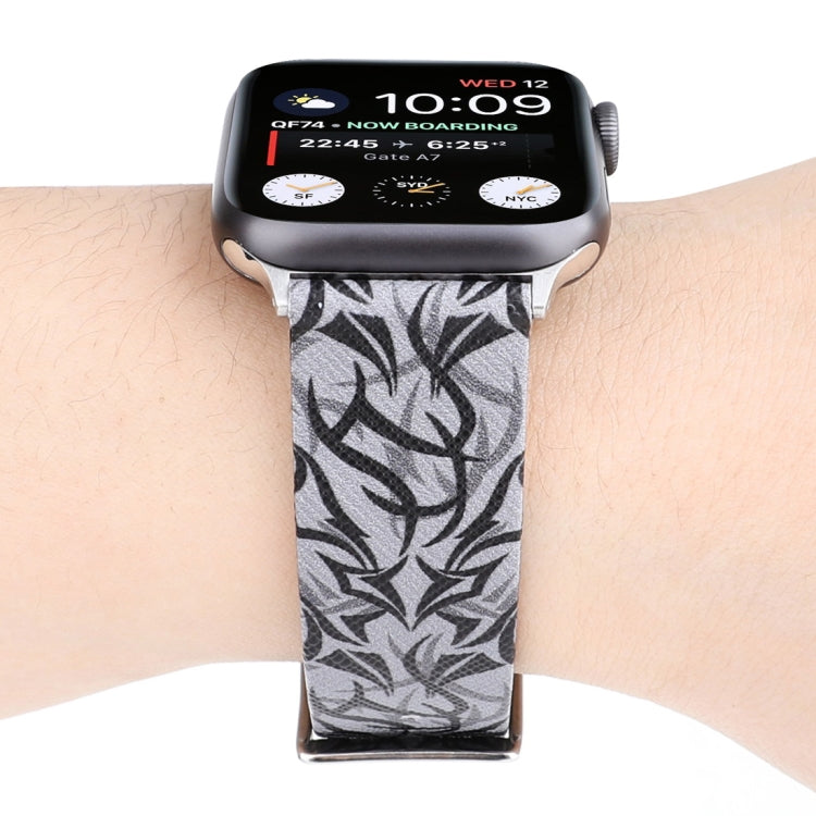 Thorns Printing Genuine Leather Watch Band for Apple Watch Series 7 45mm / 6 & SE & 5 & 4 44mm / 3 & 2 & 1 42mm(Black Grey) by bashfashion