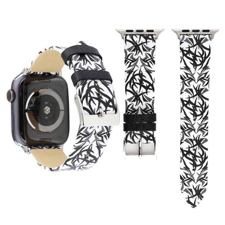 Thorns Printing Genuine Leather Watch Band for Apple Watch Series 7 45mm / 6 & SE & 5 & 4 44mm / 3 & 2 & 1 42mm(Black White) by bashfashion