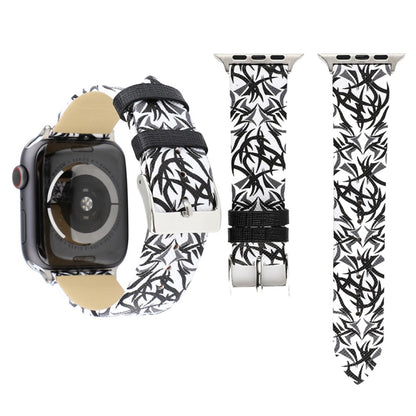 Thorns Printing Genuine Leather Watch Band for Apple Watch Series 7 45mm / 6 & SE & 5 & 4 44mm / 3 & 2 & 1 42mm(Black White) by bashfashion