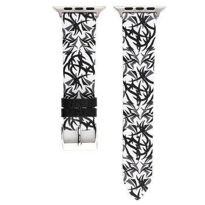 Thorns Printing Genuine Leather Watch Band for Apple Watch Series 7 45mm / 6 & SE & 5 & 4 44mm / 3 & 2 & 1 42mm(Black White) by bashfashion