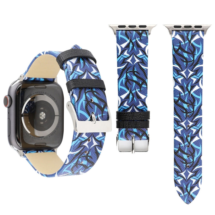 Thorns Printing Genuine Leather Watch Band for Apple Watch Ultra 49mm&Watch Ultra 2 49mm / Series 10 46mm / 9&8&7 45mm / SE 3&SE 2&6&SE&5&4 44mm / 3&2&1 42mm(Blue) by bashfashion