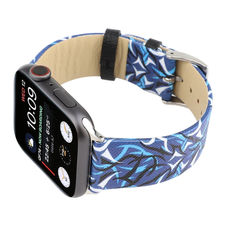 Thorns Printing Genuine Leather Watch Band for Apple Watch Ultra 49mm&Watch Ultra 2 49mm / Series 10 46mm / 9&8&7 45mm / SE 3&SE 2&6&SE&5&4 44mm / 3&2&1 42mm(Blue) by bashfashion